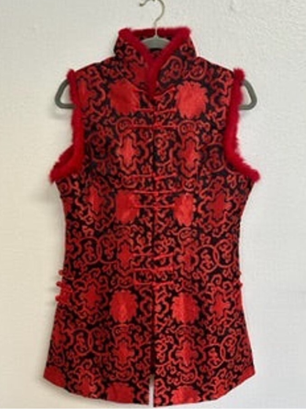 Black Red Brocade Traditional Chinese Fur Trim Long Vest Medium Large